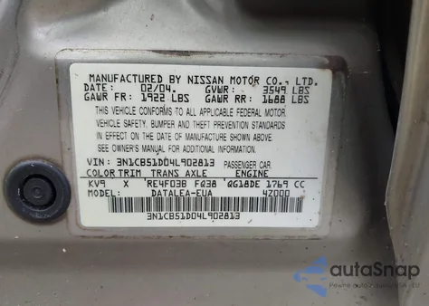 2004 Nissan Sentra 1.8/1.8S from USA, damaged, VIN 3N1CB51D04L902813